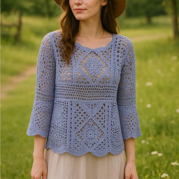 Ultra Pink Tops - Ultra Pink Crochet Lace Blouse 100% Cotton Periwinkle Boho Top M